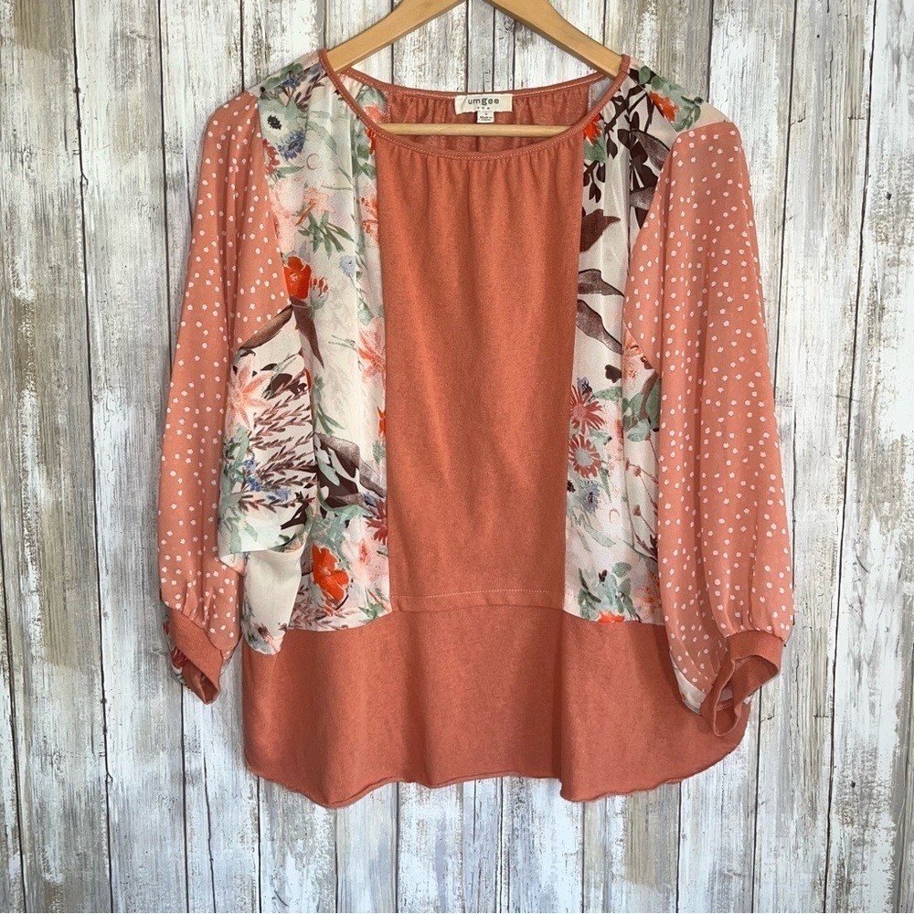 Umgee Orange Mixed Print Floral & Polka Dot Dolman Blouse